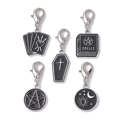 Décorations de pendentifs en alliage d'émail, avec alliage homard fermoirs pince, cercueil & livre & plat rond avec étoile & lune