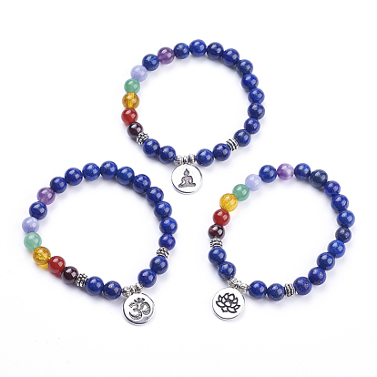 Chakra Natural Mixed Stone Charm Bracelets, with Alloy Finding, Burlap Packing Pouches Drawstring Bags, Flat Round, Antique Silver