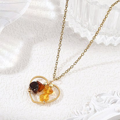 Colliers pour femmes avec pendentif cœur en ambre naturel et chaîne câble en acier inoxydable