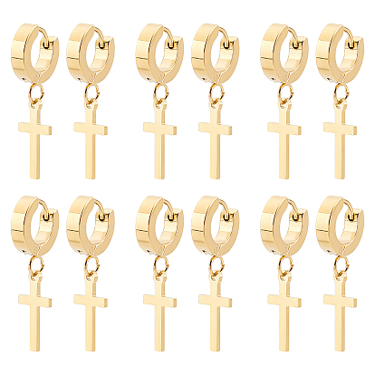 6Pairs 304 Stainless Steel Cross Dangle Hoop Earrings, Drop Earrings for Women