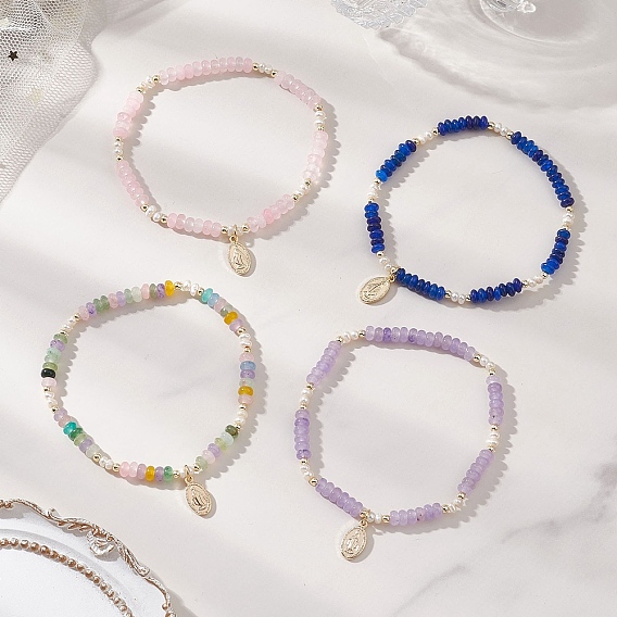 304 из нержавеющей стали шарм браслеты, Браслеты-рондели из натурального культивированного пресноводного жемчуга и окрашенного белого нефрита для женщин, овальные с рисунками " virgin mary"