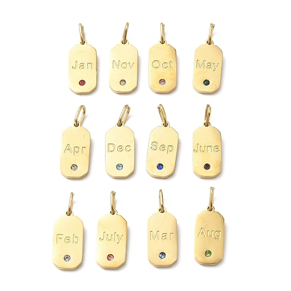 304 Stainless Steel Cubic Zirconia Pendants, Month with Birthstone Charms