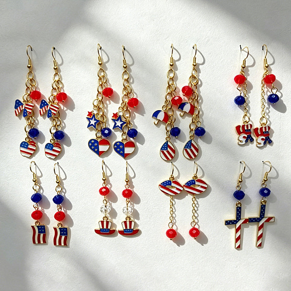 Boucles d'oreilles pendantes en alliage, émail et verre, pour la fête de l'indépendance, or, rouge blanc et bleu