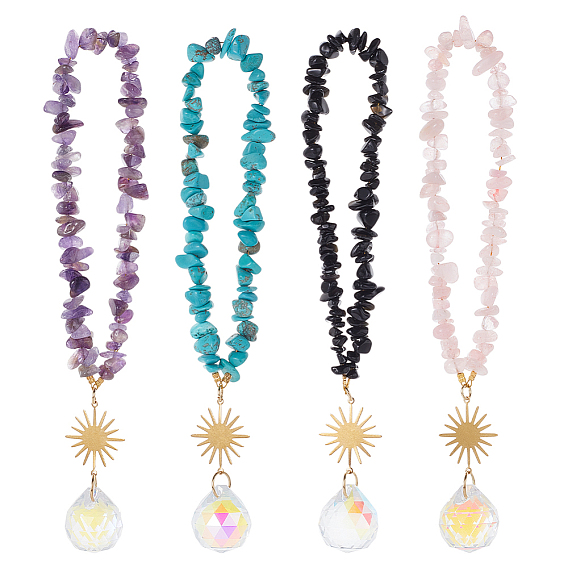 4шт. стеклянные круглые автомобильные подвесные украшения, с натуральным обсидианом, розовым кварцем, аметистом, синтетической бирюзой и латунными подвесками