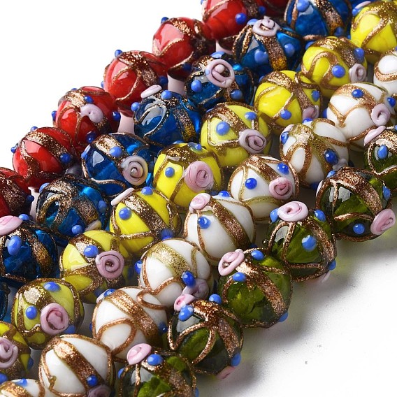Handmade Gold Sand Lampwork Beads Strands, Round with Flower