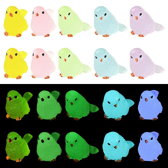 20 pièces 10 styles d'ornements miniatures d'oiseaux lumineux, accessoires de maison de poupée micro paysage, faire semblant de décorations d'accessoires, brillent dans le noir