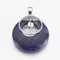 Gemstone Pendants, with Platinum Tone Brass Findings, Flat Round with Tree of Life