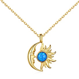 Moon & Sun 925 Sterling Silver Pendant Necklaces, with Synthetic Opal