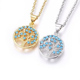 304 Stainless Steel Pendant Necklaces, with Cubic Zirconia, Flat Round with Tree of Life, Deep Sky Blue