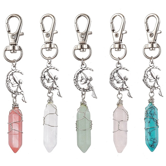 Pointed Gemstone Pendant Decorations, with Alloy Pendants and Swivel Lobster Claw Clasps, Fairy and Bullet