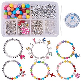 SUNNYCLUE Charm Bracelet Makings, with Alloy Enamel Pendants, Acrylic Round Beads, Jump Rings and Crystal Thread