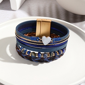 Bracelets multi-brins en cuir pu avec puces perlées, avec fermoir magnétique