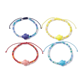 4Pcs 4 Colors Beach Tortoise Porcelain Braided Bead Bracelets, Electroplate Glass Beaded Stackable Adjustable Bracelets for Women Men