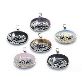 Mixed Gemstone Pendants, with Alloy Findings, Oval