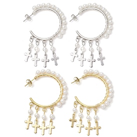2 Pairs 2 Colors Cross Shell Pearl Dangle Stud Earrings, with 304 Stainless Steel Stud Earring Findings
