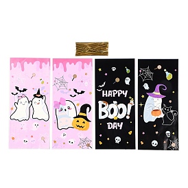 50Pcs Halloween Theme Rectangle Plastic Cookies Bags, Halloween Printed Candy Bags with Twist Wire Ties