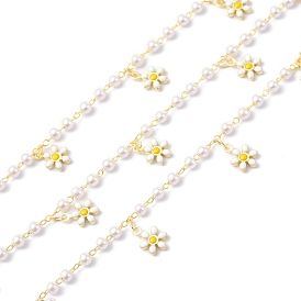 Flower Enamel & Brass & ABS Imitation Pearl Handmade Beaded Chains, Long-Lasting Plated, Soldered, with Spool