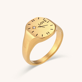 Chic 18K Gold Plated Stainless Steel Love Ring with Zirconia Clock Design