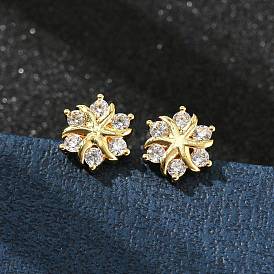 Серьги-гвоздики из прозрачного кубического циркония с цветочным узором из латуни и микропаве, без кадмия и без свинца, стойки покрытие, долговечный