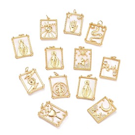 Brass Micro Pave Cubic Zirconia Pendants, with Shell, Long-Lasting Plated, Rectangle