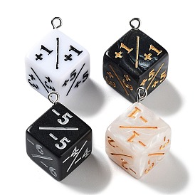 Opaque Resin Pendants, Dice Charms, with Platinum Tone Iron Loops