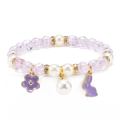 Bracelet extensible imitation perle acrylique, bracelet à breloques fleur de lapin en alliage émaillé pour femme