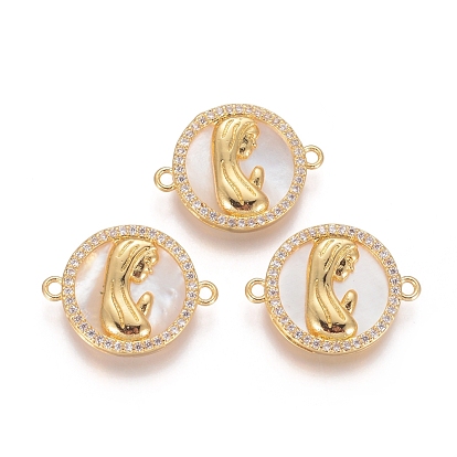 Brass Micro Pave Cubic Zirconia Links Connectors, with Shell, Flat Round with Virgin Mary, Clear