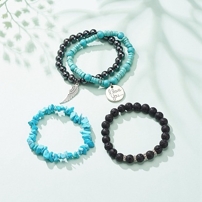 4Pcs 4 Style Natural & Synthetic Mixed Gemstone Stretch Bracelets Set, Word I Love You & Wing Alloy Charms Bracelets for Women