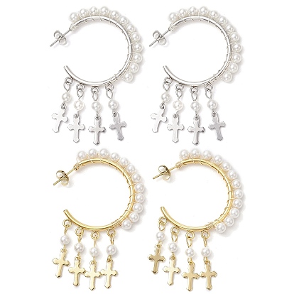 2 Pairs 2 Colors Cross Shell Pearl Dangle Stud Earrings, with 304 Stainless Steel Stud Earring Findings
