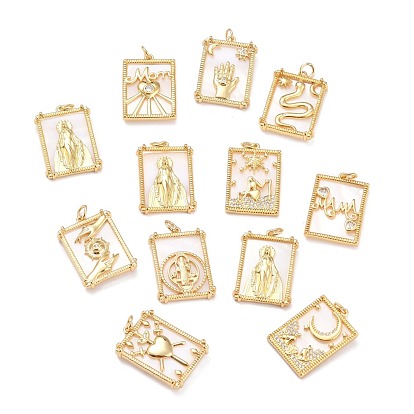 Brass Micro Pave Cubic Zirconia Pendants, with Shell, Long-Lasting Plated, Rectangle