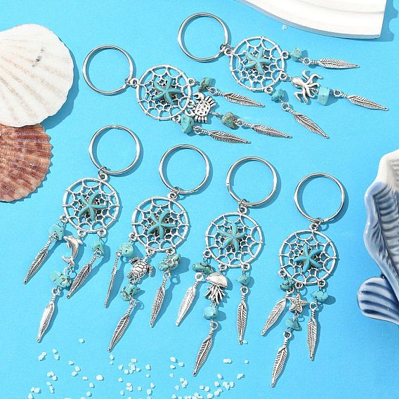 Брелок из сплава магнезита синтетический бирюзовый, с железными разъемными кольцами для ключей и фурнитурой из сплава