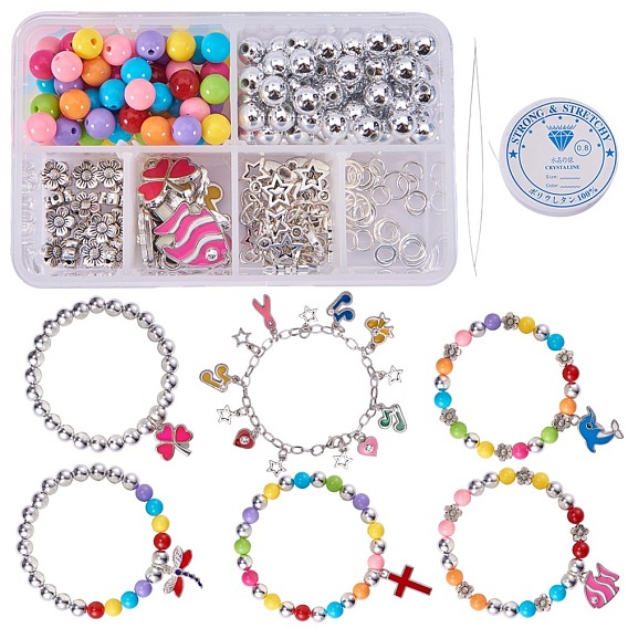 Charm Bracelet Makings, with Alloy Enamel Pendants, Acrylic Round Beads, Jump Rings and Crystal Thread