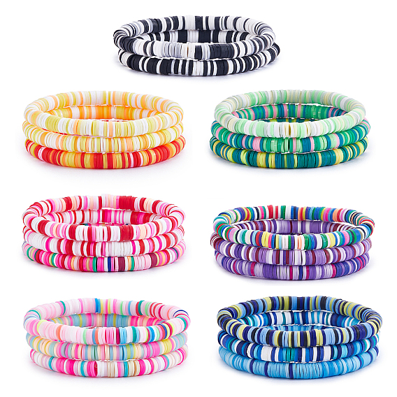 Handmade Polymer Clay Heishi Surfer Stretch Bracelets Set, Stackable Preppy Bracelets for Women