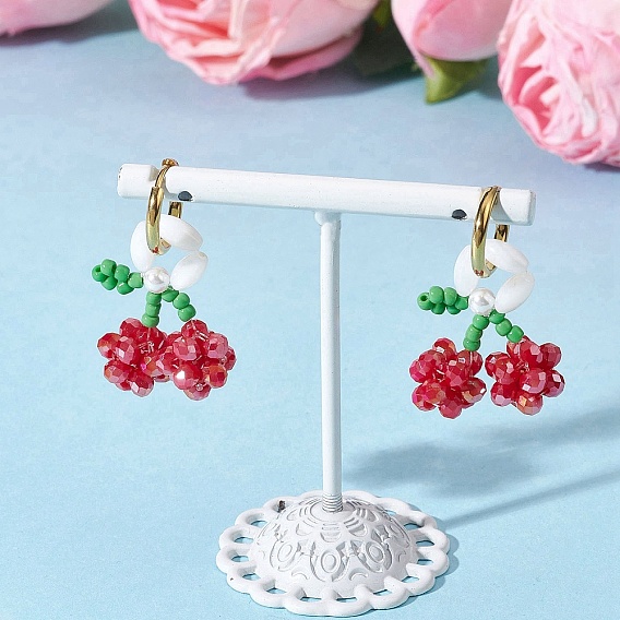 Вишня 304 серьги-кольца из нержавеющей стали, с ракушечным жемчугом и стеклянными бусинами