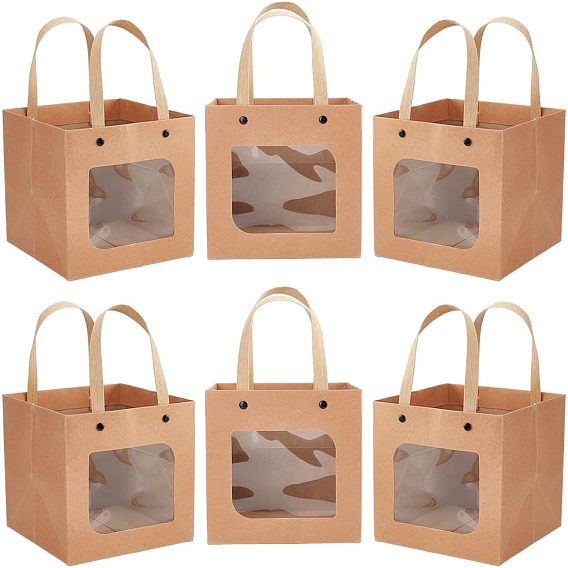 Сумочки из крафт-бумаги, с прозрачными квадратными окнами, подарочные пакеты, прямоугольные