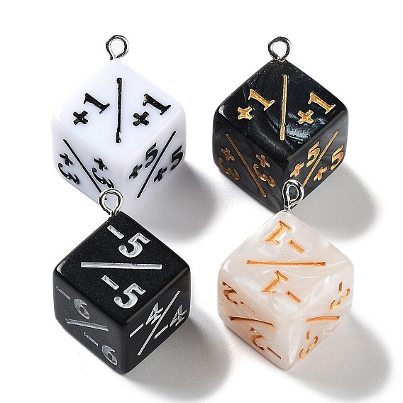 Opaque Resin Pendants, Dice Charms, with Platinum Tone Iron Loops