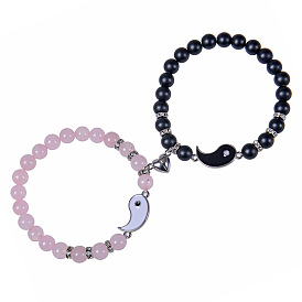 Yin Yang Tai Chi Magnetic Attraction Bracelet with Heart Shape Crystal Beads for Couples