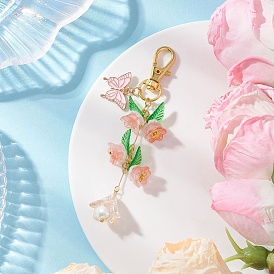 Акриловые цветочные подвески, украшения, с карабинами-карабинами из сплава и подвесками в виде бабочек из сплава с эмалью