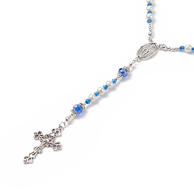 Glass Pearl & Acrylic Rosary Bead Necklace, Alloy Virgin Mary & Cross Pendant Necklace for Women