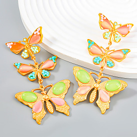 Fashion retro multi-layer alloy inlaid resin butterfly long earrings earrings female exaggerated earrings autumn and winter