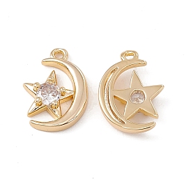 Brass Micro Pave Clear Cubic Zirconia Pendants, Moon with Star Charms