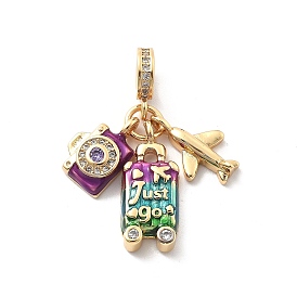 Стойка покрытие латунь прозрачный кубический цирконий европейские подвески-шармы, подвески с большими отверстиями в виде камеры, самолета и багажа из фиолетовой эмали, без кадмия и без свинца, долговечный