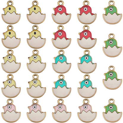 24Pcs 6 Colors Printed Light Gold Tone Alloy Pendants, Chick in Egg Charms
