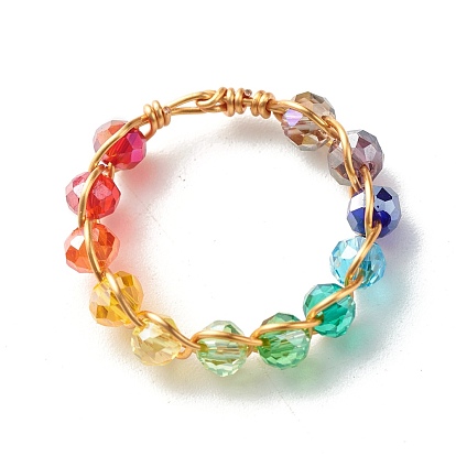 Glass Beads Rings, AB Color Plated, Brass Braided Beads Ring for Children Girl Women, Golden
