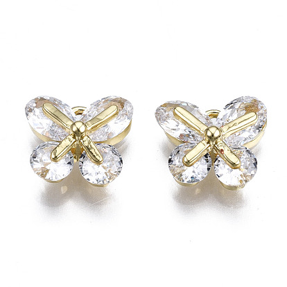 Brass Inlaid Clear Cubic Zirconia Charms, Cadmium Free & Nickel Free & Lead Free, Butterfly