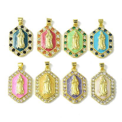 Brass Micro Pave Cubic Zirconia Pendants, with Enamel, Cadmium Free & Nickel Free & Lead Free, Hexagon & Virgin