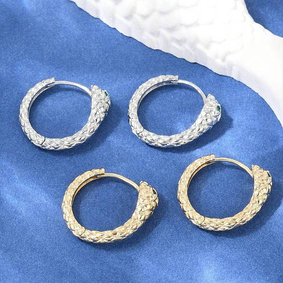 Серьги-кольца из латуни с зеленым кубическим цирконием, змея