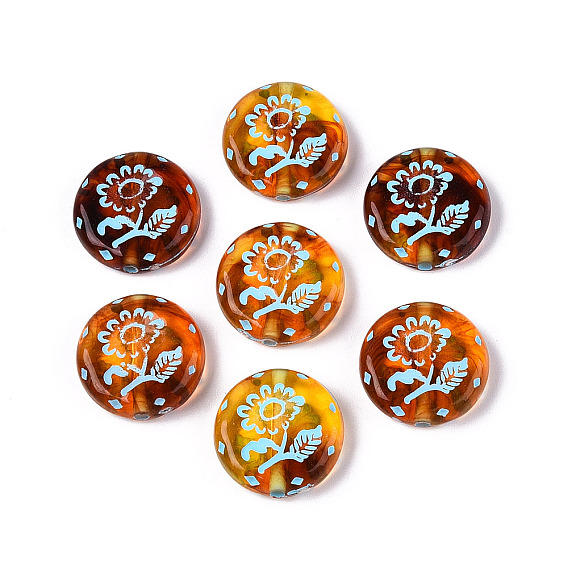 Окрашенные прозрачные акриловые бусины, Имитация янтаря, плоский круглый с подсолнечным