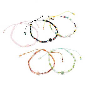 Bracelets de perles de nylon tressés réglables, avec des perles de pierres précieuses rondes et des perles de rocaille en verre