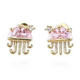 Brass Micro Pave Cubic Zirconia Stud Earrings, with Ear Nuts, Jellyfish, Cadmium Free & Nickel Free & Lead Free, Pink